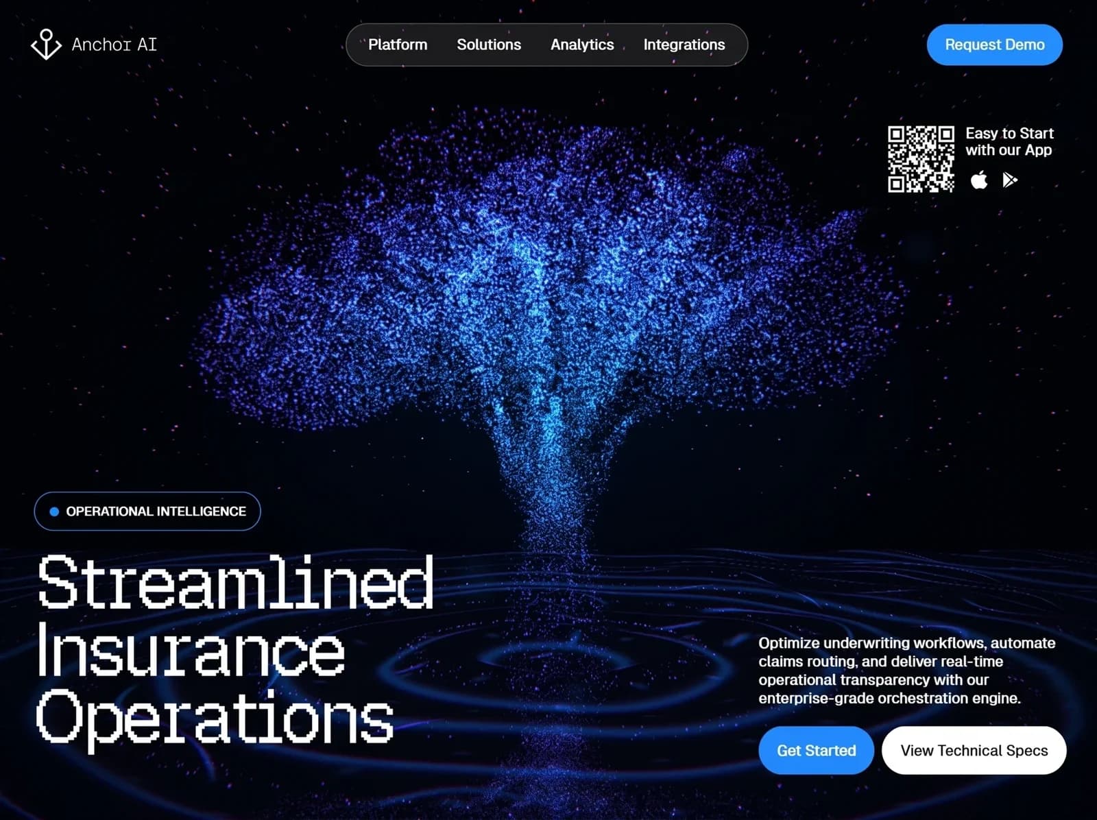 Dark particle-tree product hero: the design Recast read